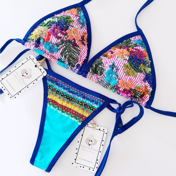 NWT Sexy Floral Blue Pink Beaded Embroidered Bikini Set Made in Colombia